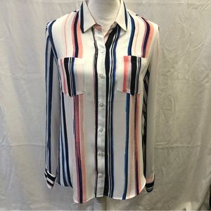 White House Black Market Striped Collar Long Sleeve Button-Up Shirt White Size 8